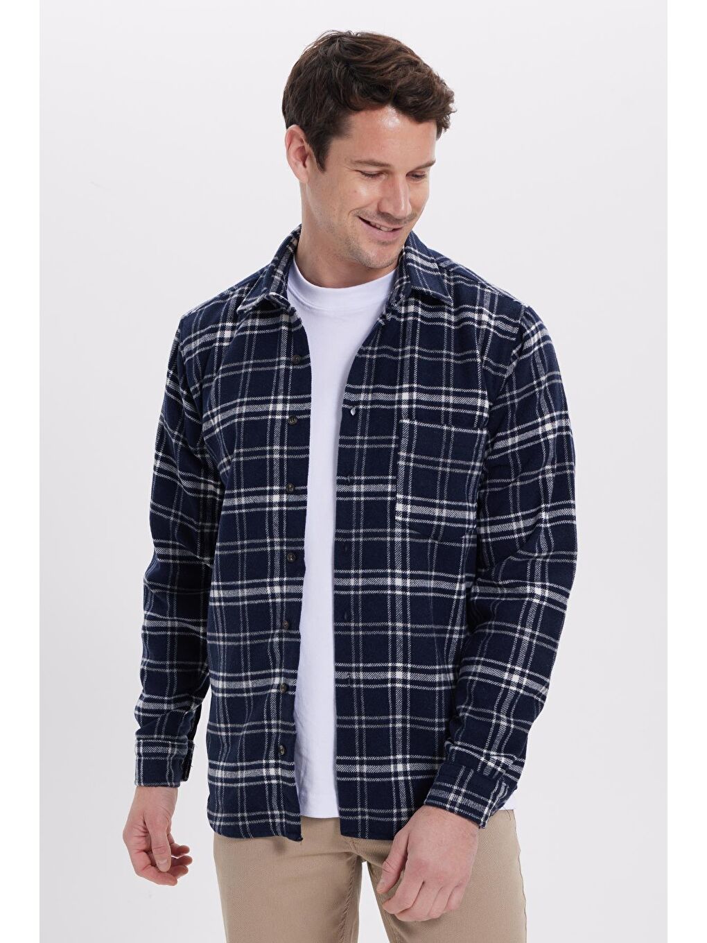 Lacivert Erkek Regular Fit Rahat Kesim Kışlık Kareli Oduncu Gömlek-3