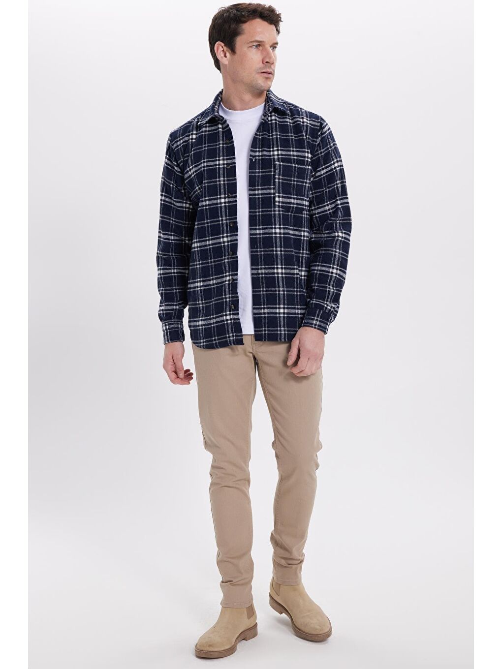 Lacivert Erkek Regular Fit Rahat Kesim Kışlık Kareli Oduncu Gömlek-4