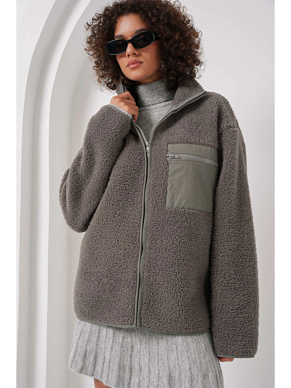 hazelin Kadın Antrasit Cep Detaylı Fermuarlı Oversize Pelüş Sweatshirt HZL25W FRY1554461 - 1