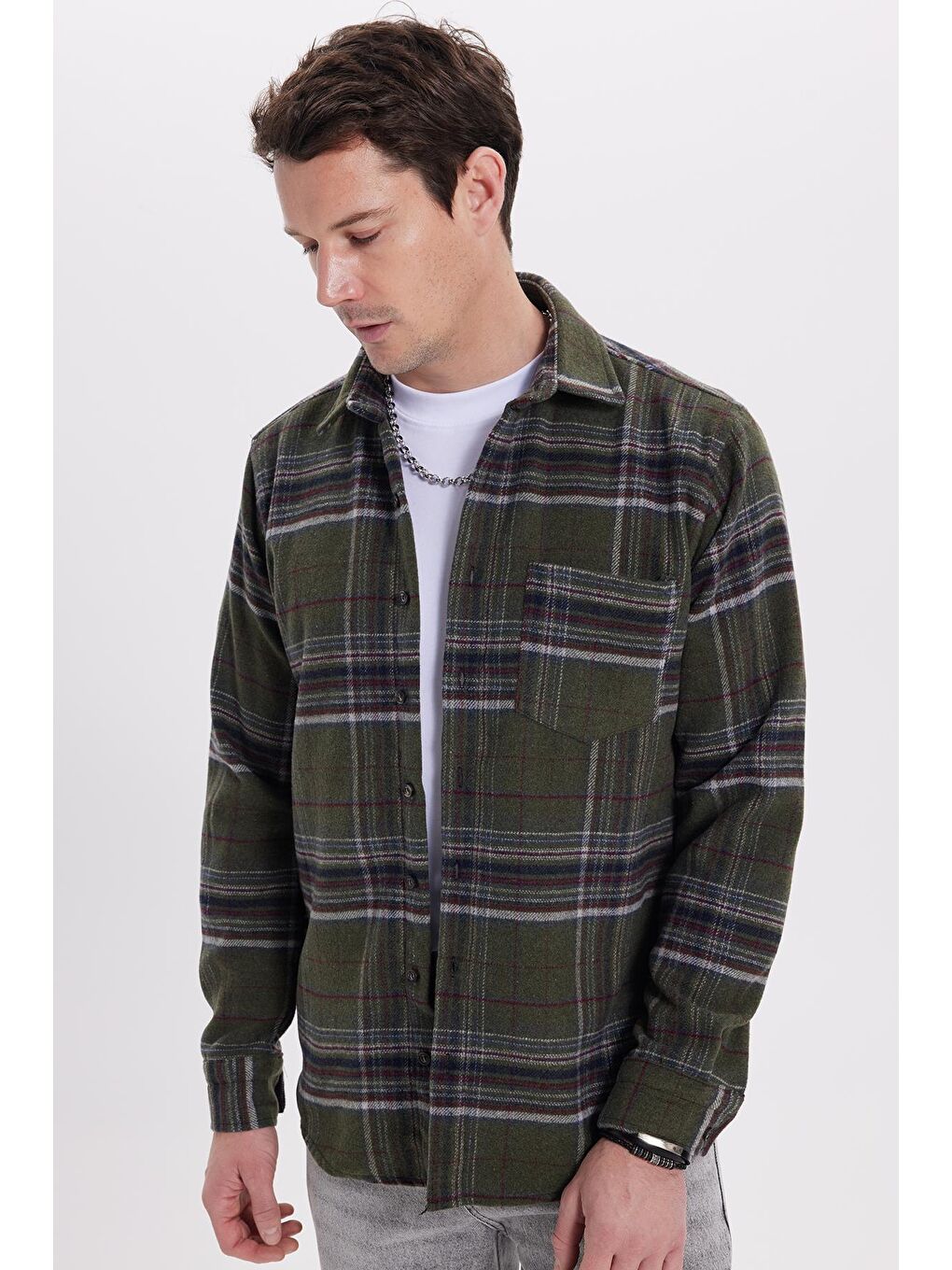 Haki Erkek Regular Fit Rahat Kesim Kışlık Kareli Oduncu Gömlek-1