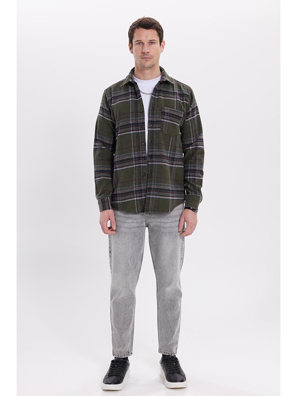 Haki Erkek Regular Fit Rahat Kesim Kışlık Kareli Oduncu Gömlek-3