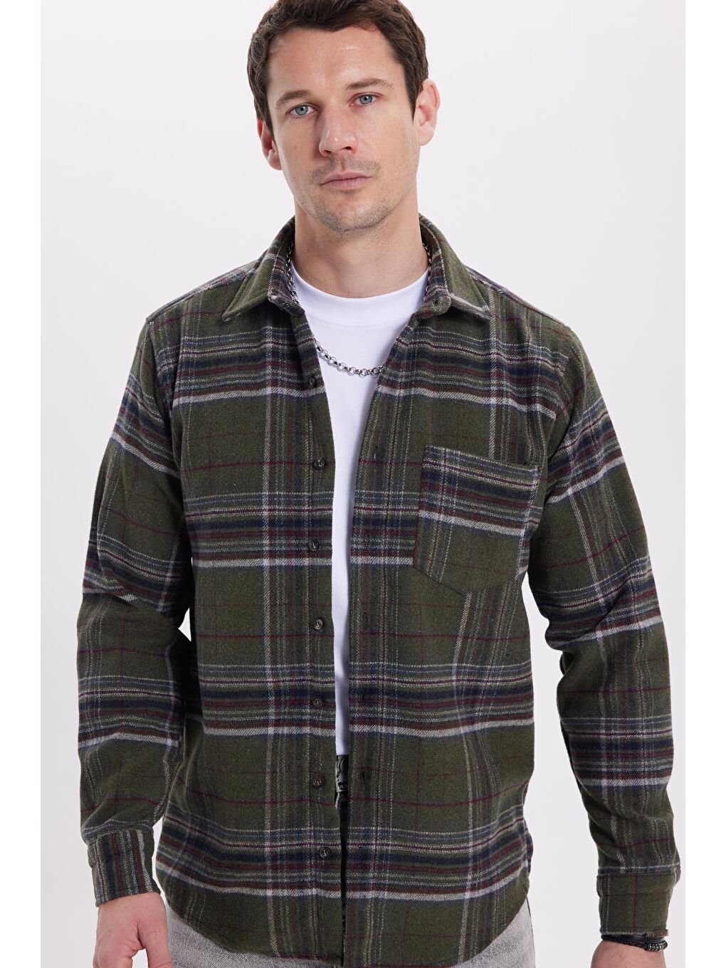 Haki Erkek Regular Fit Rahat Kesim Kışlık Kareli Oduncu Gömlek-4