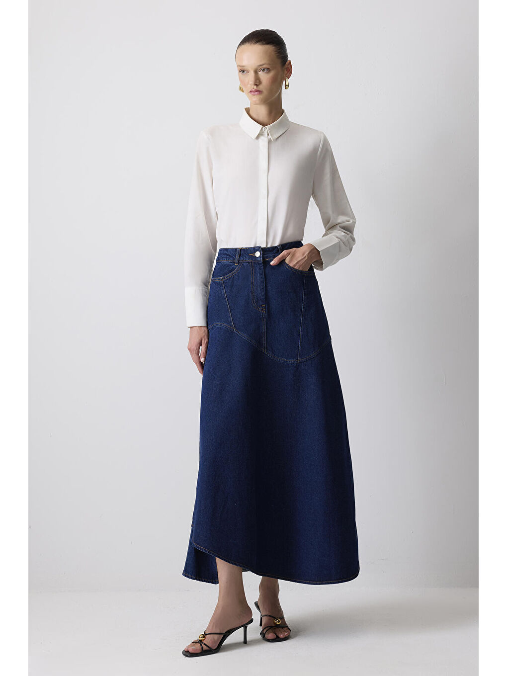 Lacivert Asimetrik Kesim Denim Etek