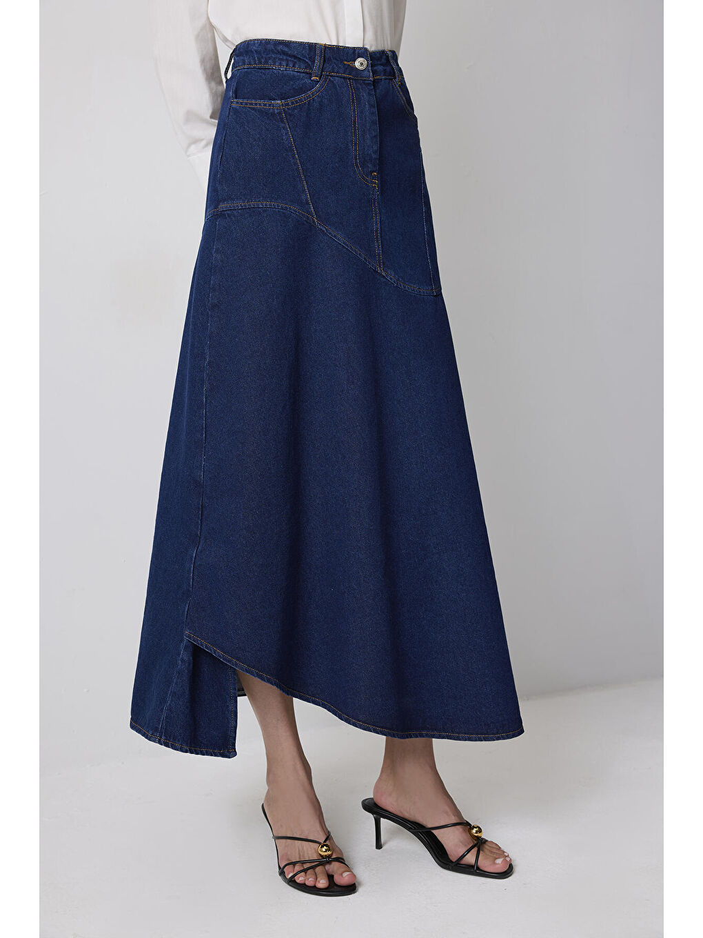 Lacivert Asimetrik Kesim Denim Etek-1