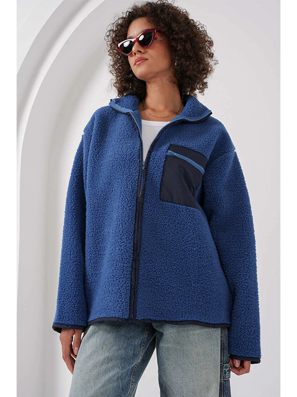 hazelin Kadın Lacivert Cep Detaylı Fermuarlı Oversize Pelüş Sweatshirt HZL25W FRY1554461