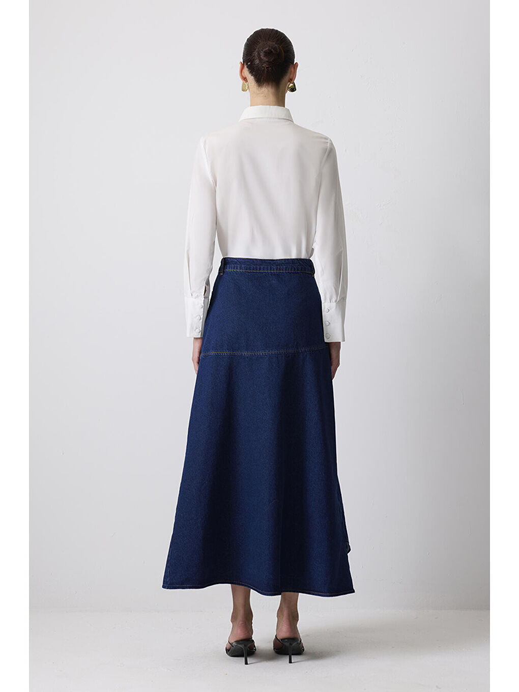 Lacivert Asimetrik Kesim Denim Etek-3