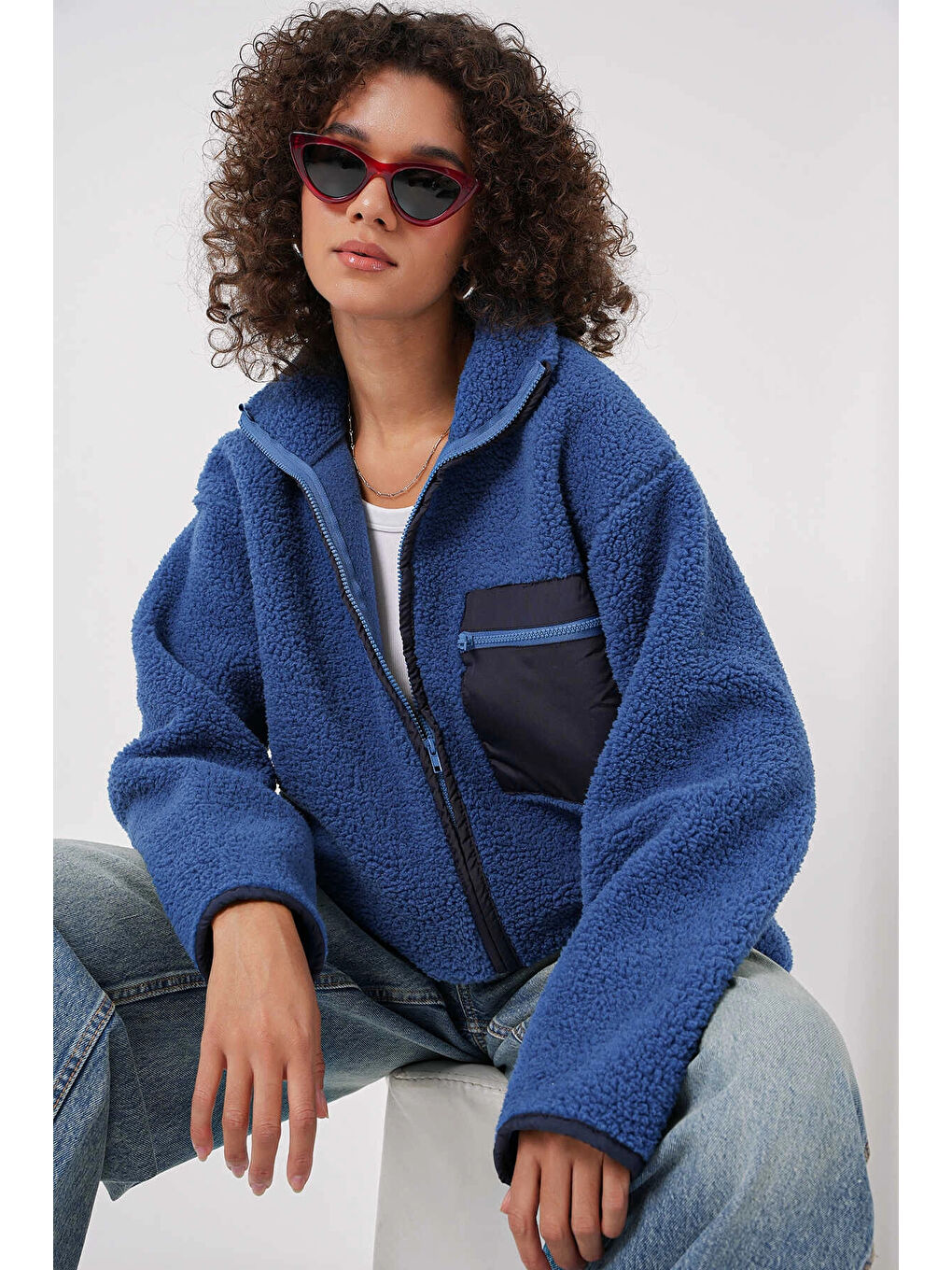 hazelin Kadın Lacivert Cep Detaylı Fermuarlı Oversize Pelüş Sweatshirt HZL25W FRY1554461 - 1