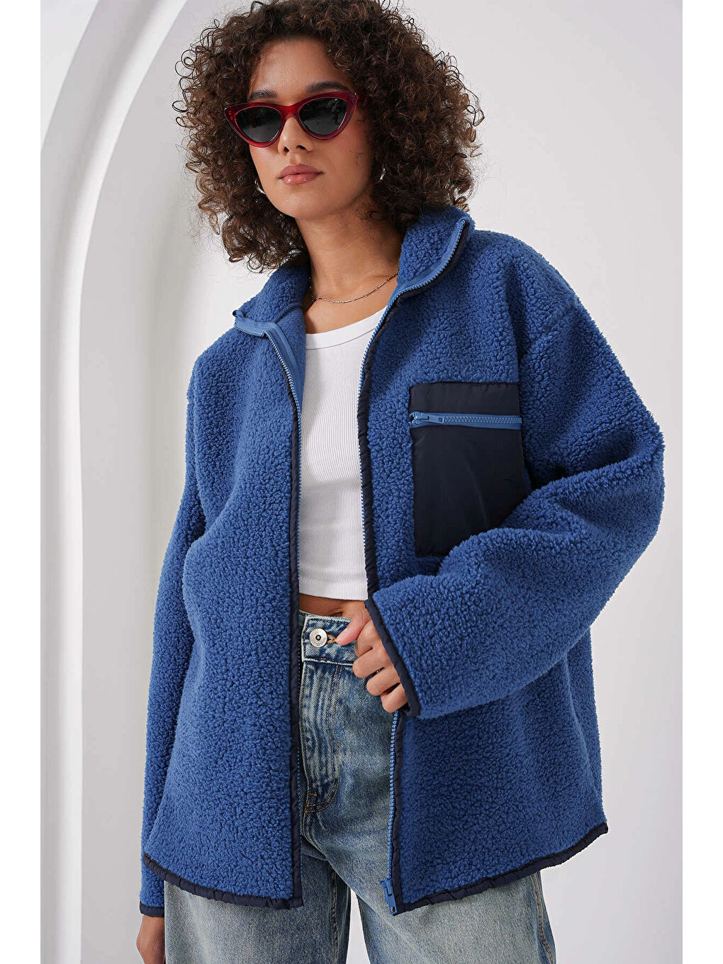 hazelin Kadın Lacivert Cep Detaylı Fermuarlı Oversize Pelüş Sweatshirt HZL25W FRY1554461 - 2