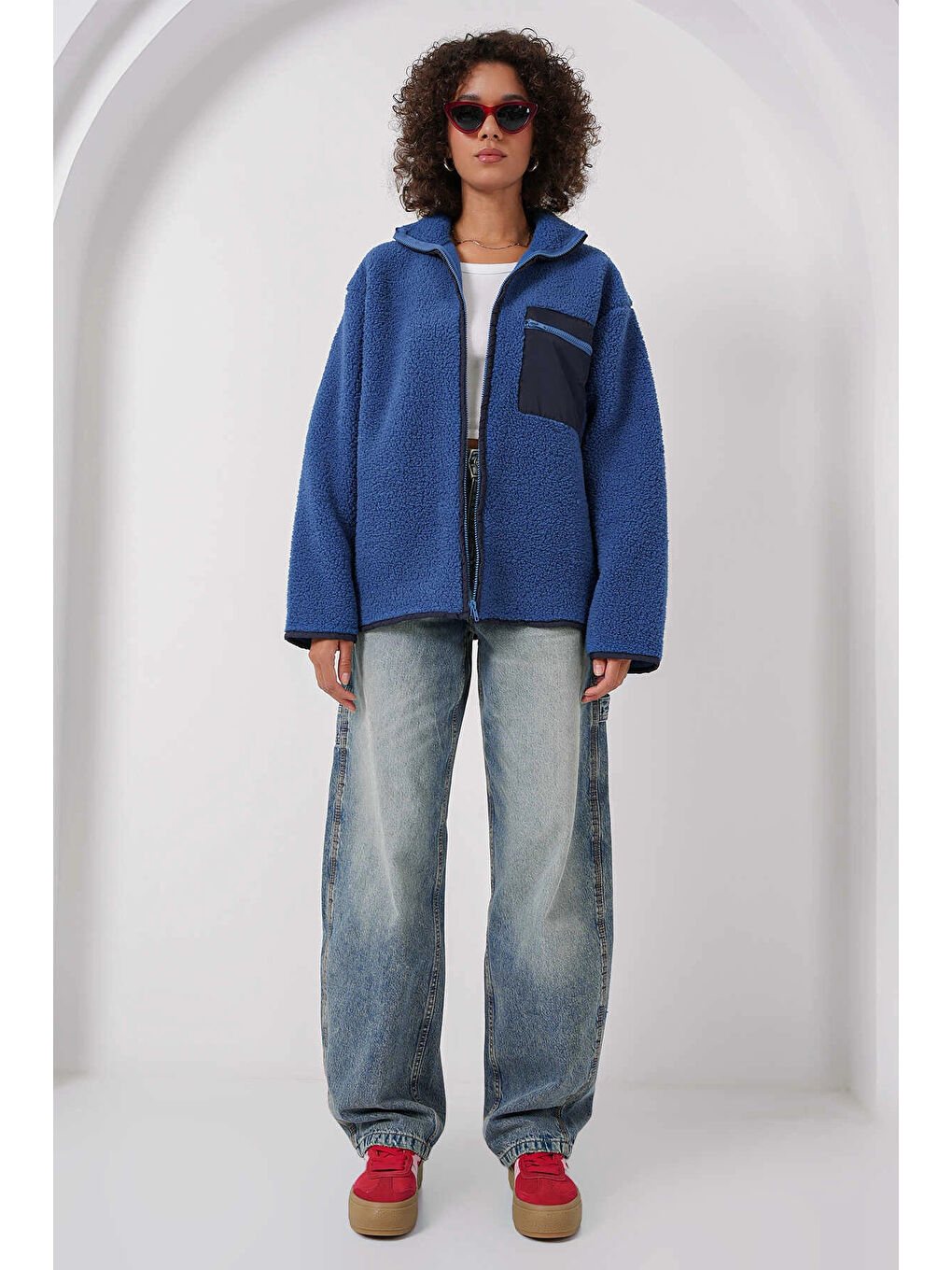 hazelin Kadın Lacivert Cep Detaylı Fermuarlı Oversize Pelüş Sweatshirt HZL25W FRY1554461 - 4