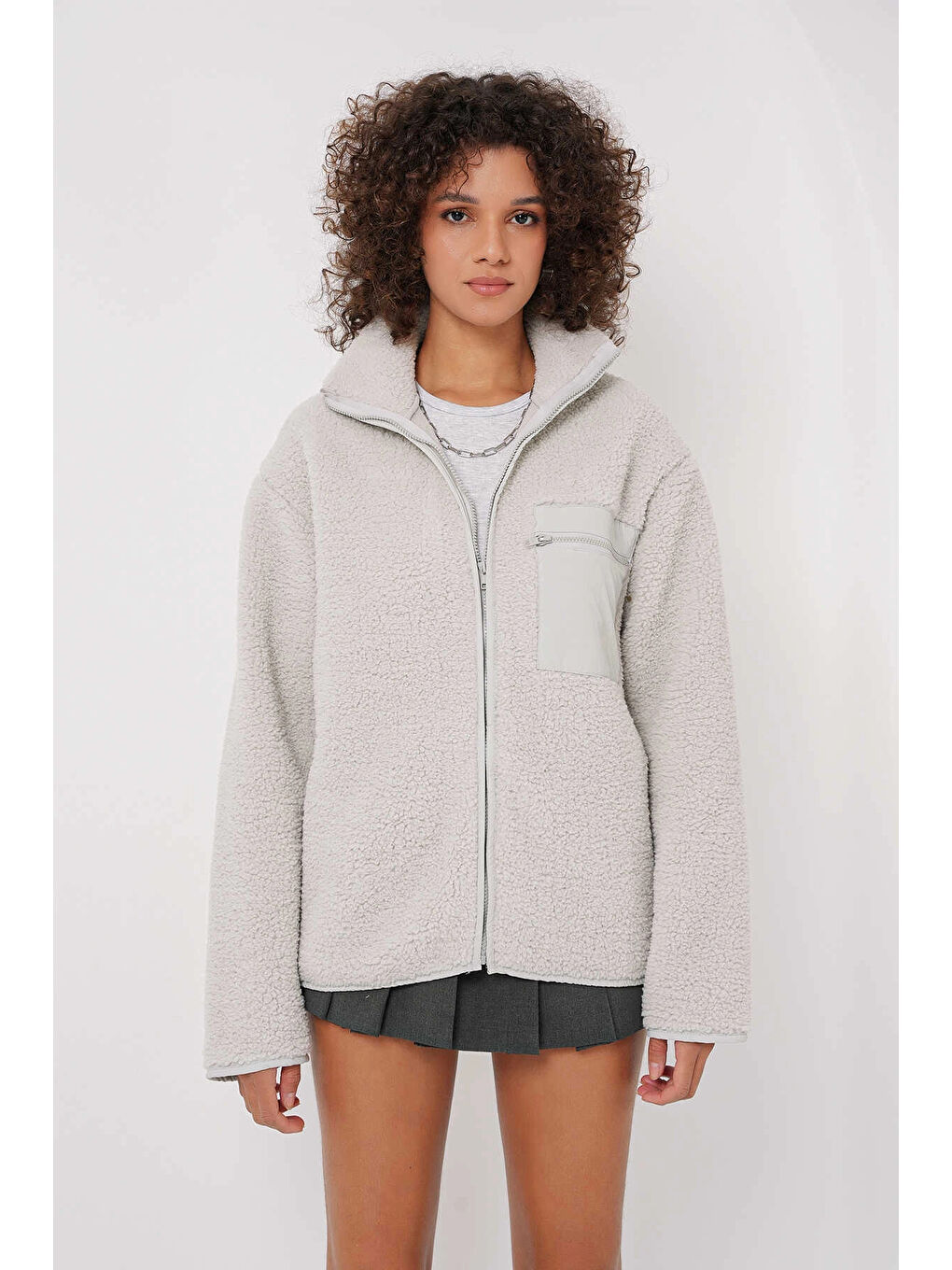 hazelin Gri Kadın Gri Cep Detaylı Fermuarlı Oversize Pelüş Sweatshirt HZL25W FRY1554461 - 1