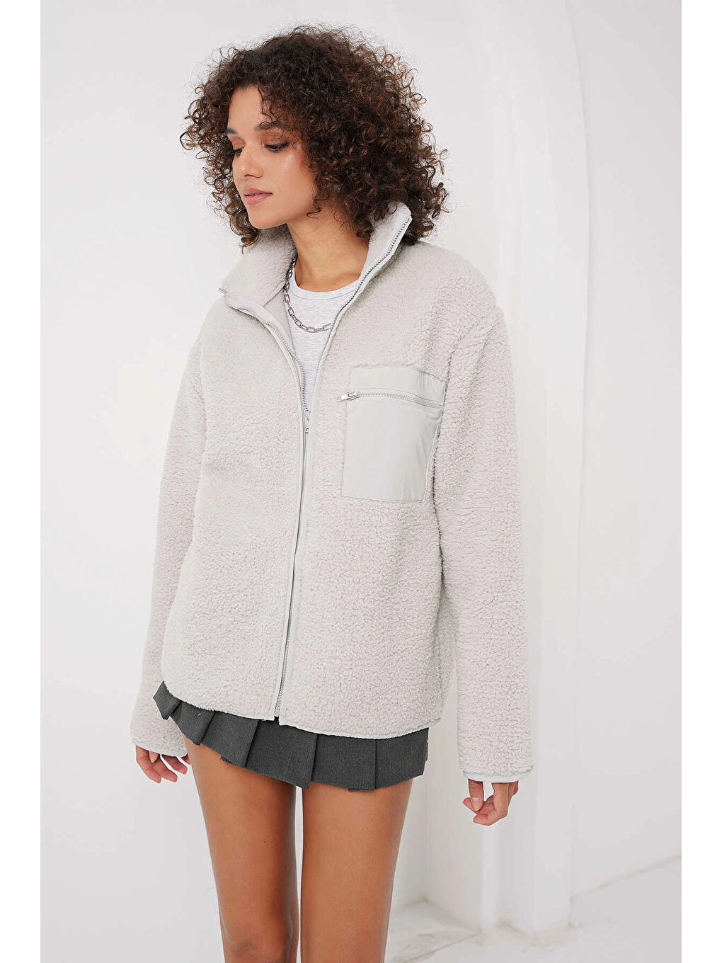 hazelin Gri Kadın Gri Cep Detaylı Fermuarlı Oversize Pelüş Sweatshirt HZL25W FRY1554461 - 2