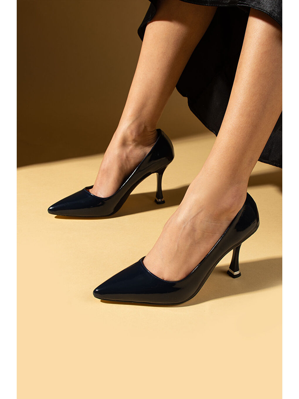 Lacivert Gold Detay Topuklu Kadın Stiletto 43-57-24Rugan