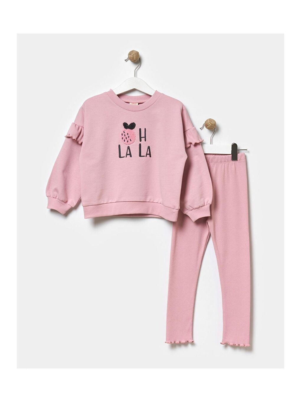 Pembe Kız Çocuk Kışlık Pamuklu Fırfırlı Sweatshirt Fitili Tayt Alt-Üst Takım