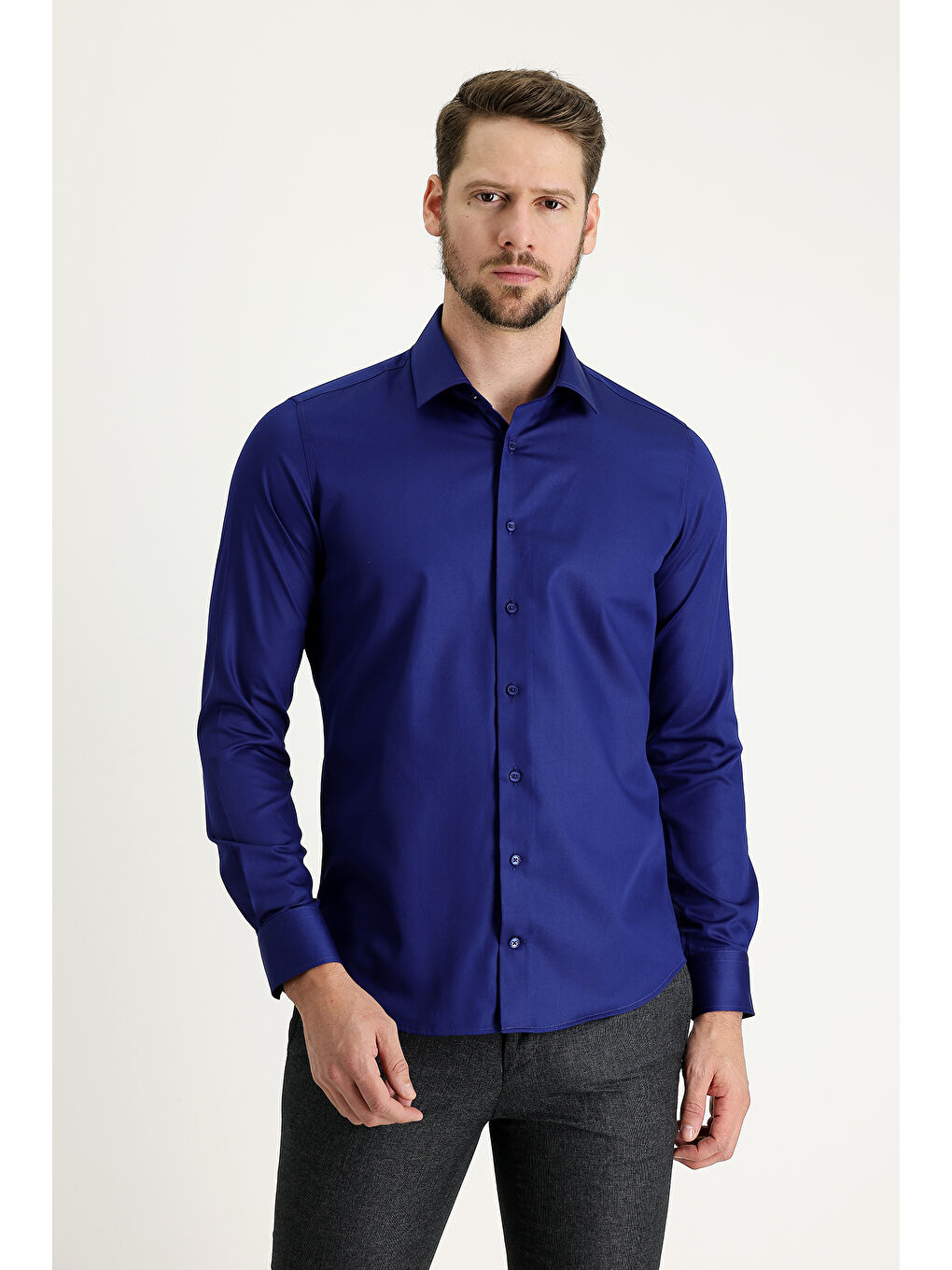 Lacivert Uzun Kol Slim Fit Dar Kesim Non Iron Saten Pamuklu Gömlek