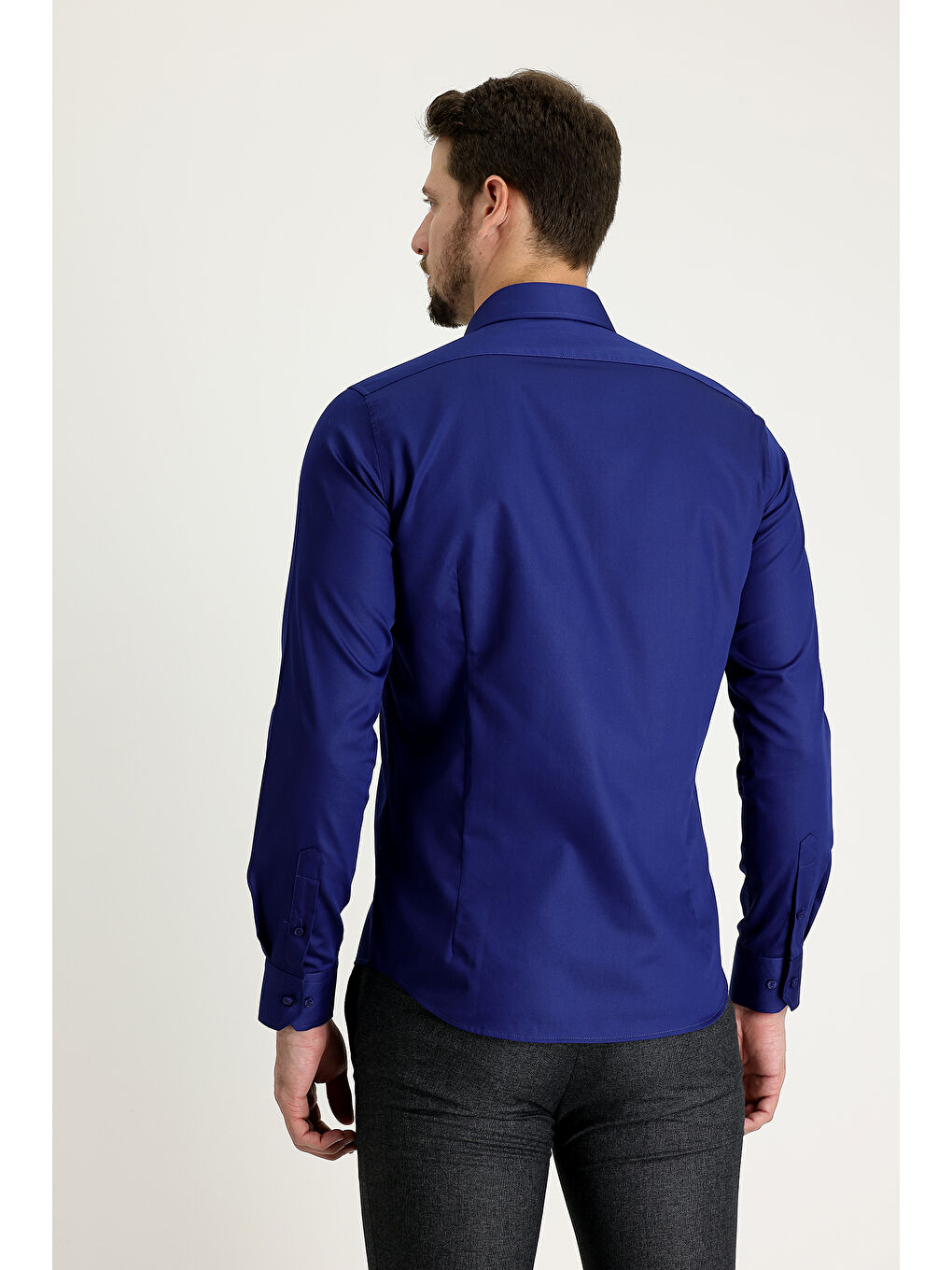 Lacivert Uzun Kol Slim Fit Dar Kesim Non Iron Saten Pamuklu Gömlek-1