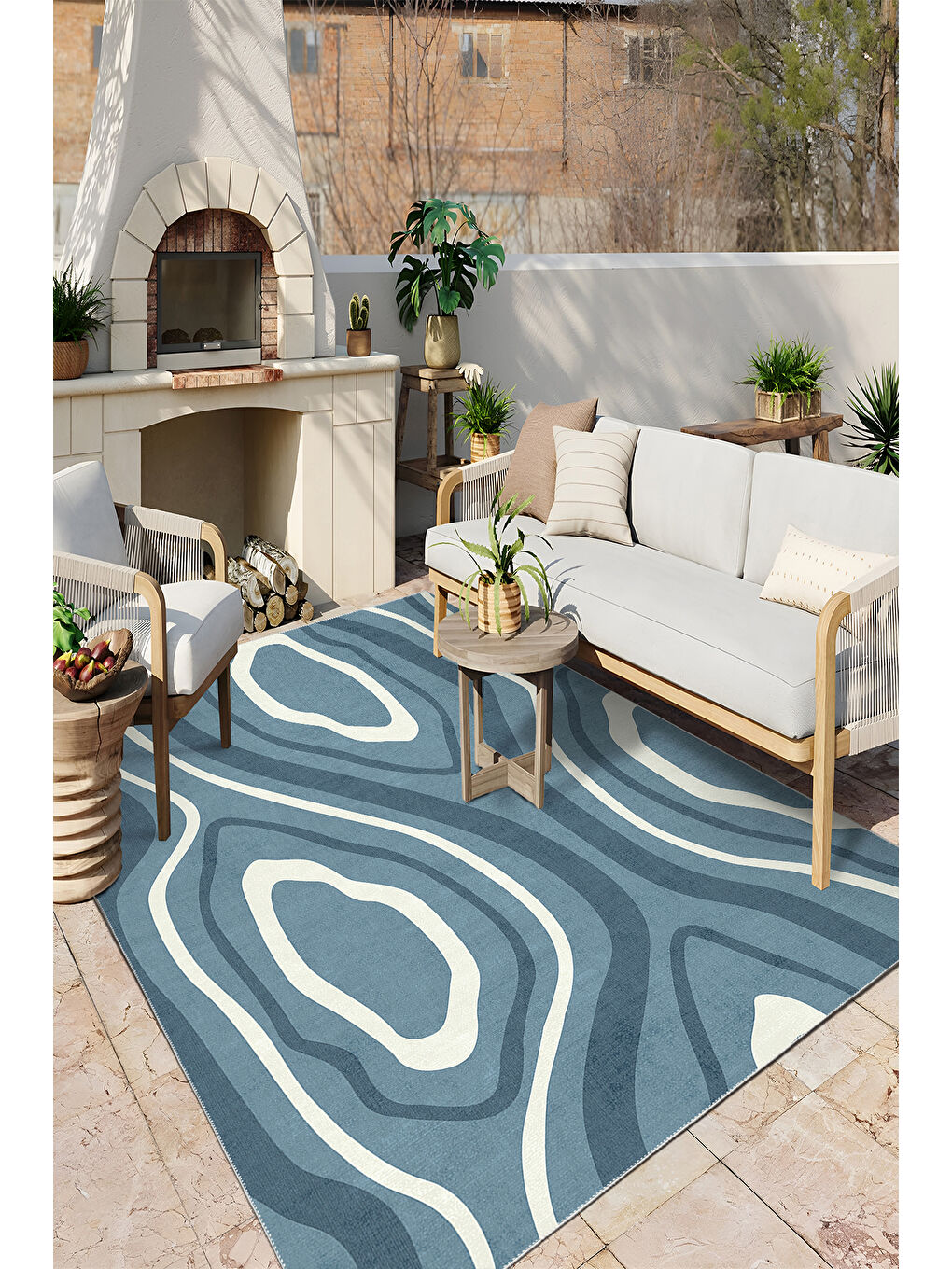 Mavi Dekoratif Salon Halısı, Makinada Yıkanabilir, Kaymaz Taban, İnce & Modern Tasarım-3