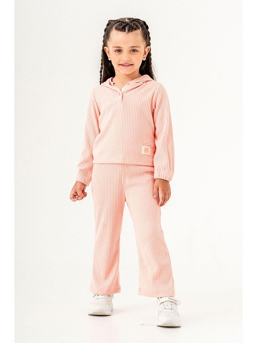 Pembe Kız Çocuk Kaşkore Kapüşonlu Kışlık 3 İplik Pamuklu Sweatshirt Tayt Alt-Üst Takım-1