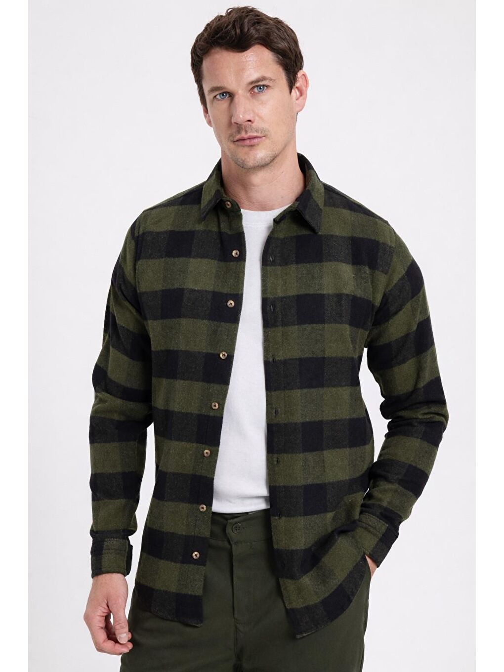Haki Erkek Slim Fit Dar Kesim Kareli Kışlık Oduncu Gömlek-2