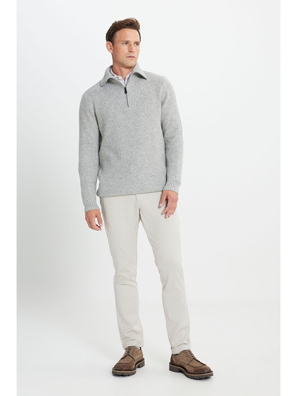 Erkek Gri Melanj Standart Fit Normal Kesim Bato Yaka Desenli Triko Kazak-1