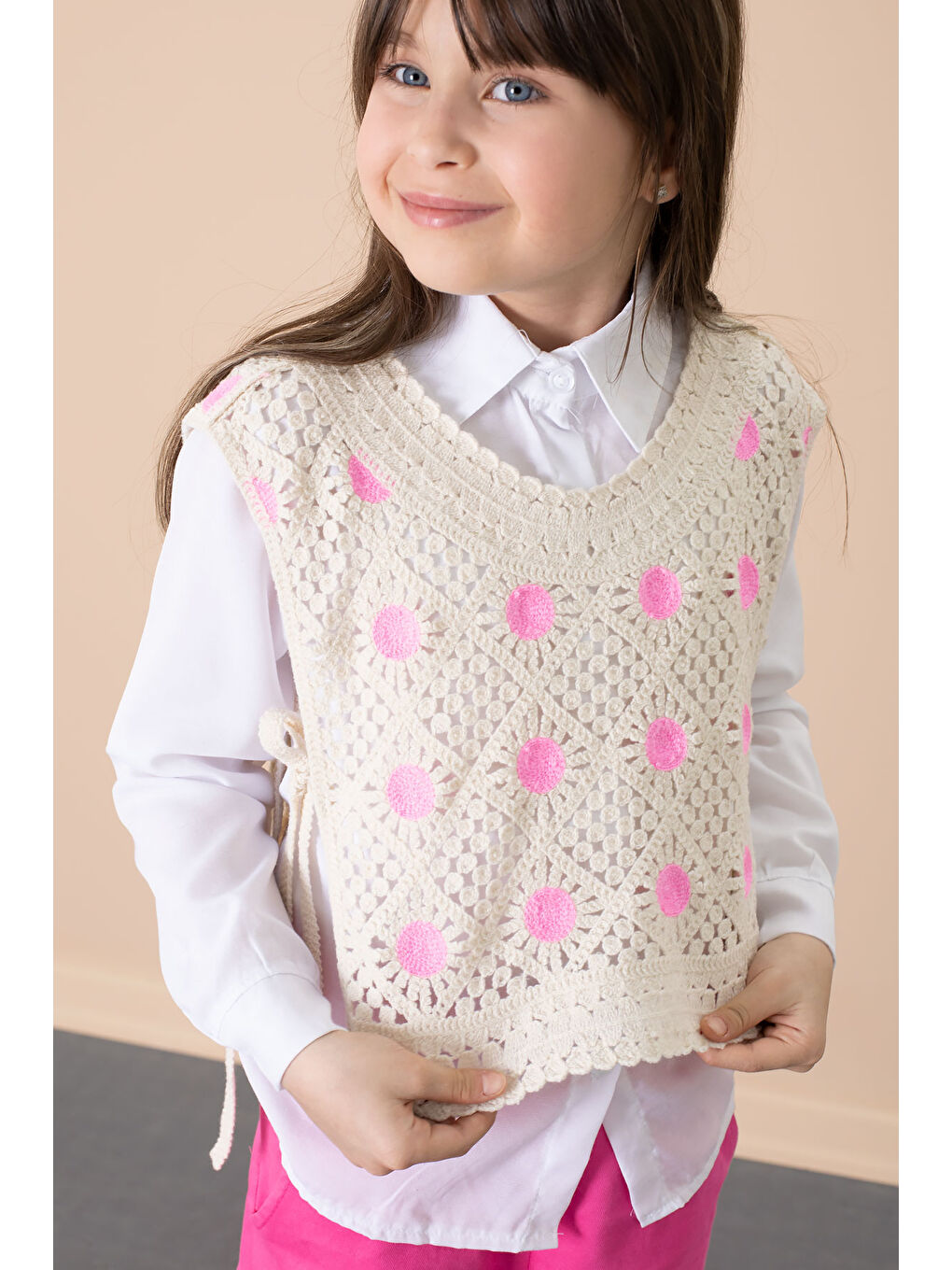 Fuşya Puantiyeli Süveterli Pantolonlu Kız Çocuk Gömlekli 3lü Takım 20685-1