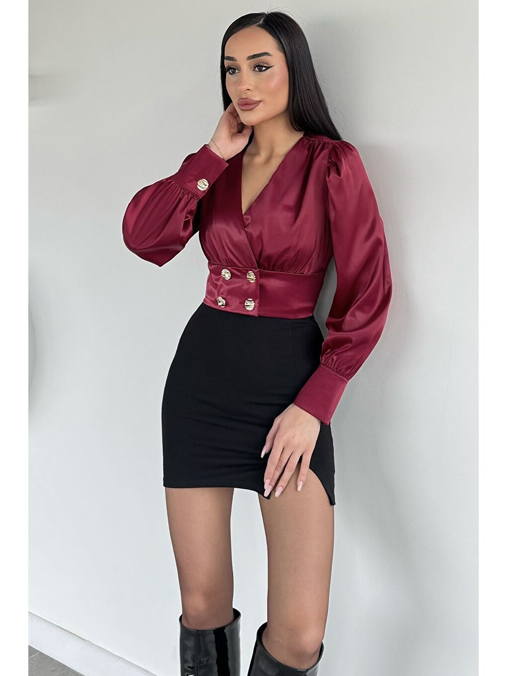 Bordo Kadın Kruvaze Yaka Gold Düğme Detaylı Saten Bluz-1