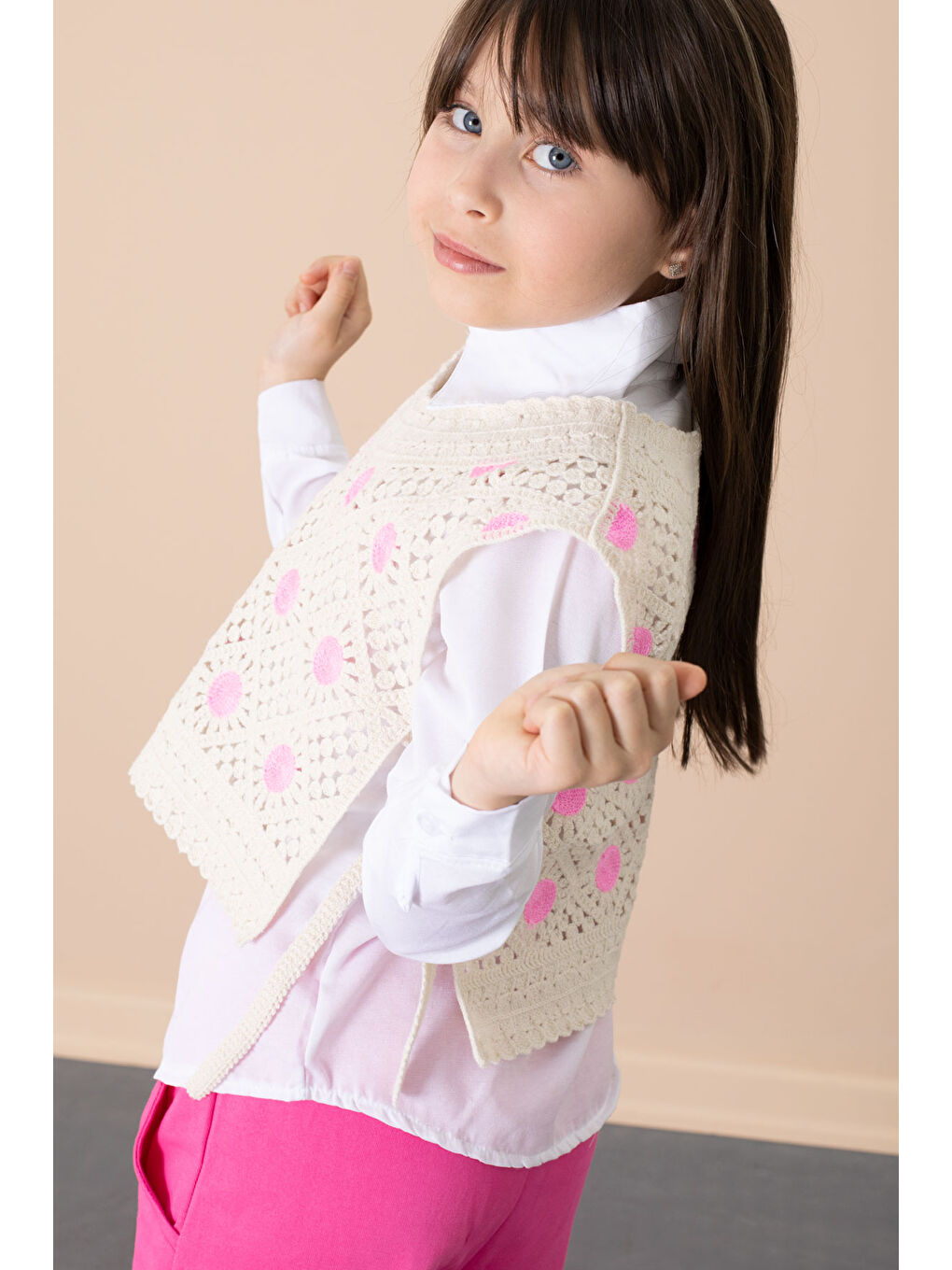 Fuşya Puantiyeli Süveterli Pantolonlu Kız Çocuk Gömlekli 3lü Takım 20685-2