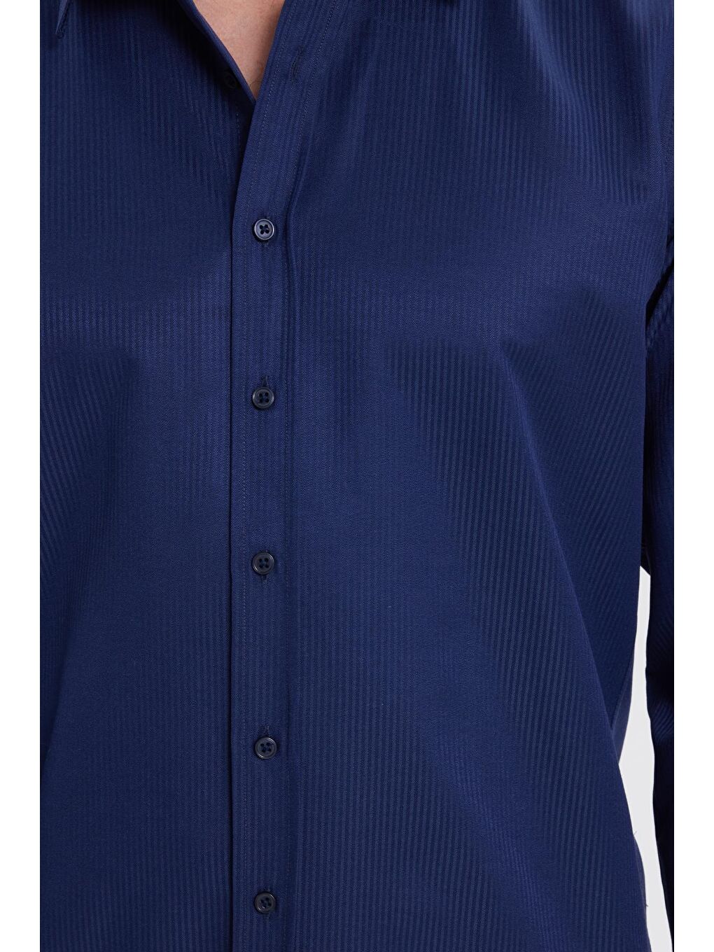 Modern Slim Fit Uzun Kollu Pamuklu Kolay Ütü Armürlü Lacivert Erkek Gömlek-2