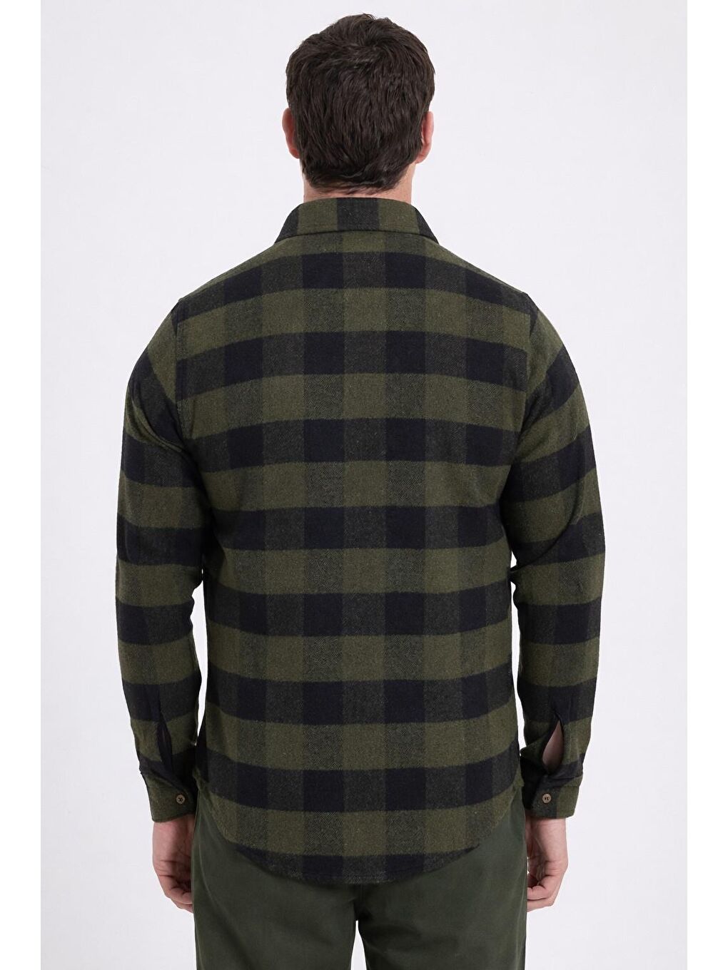 Haki Erkek Slim Fit Dar Kesim Kareli Kışlık Oduncu Gömlek-5