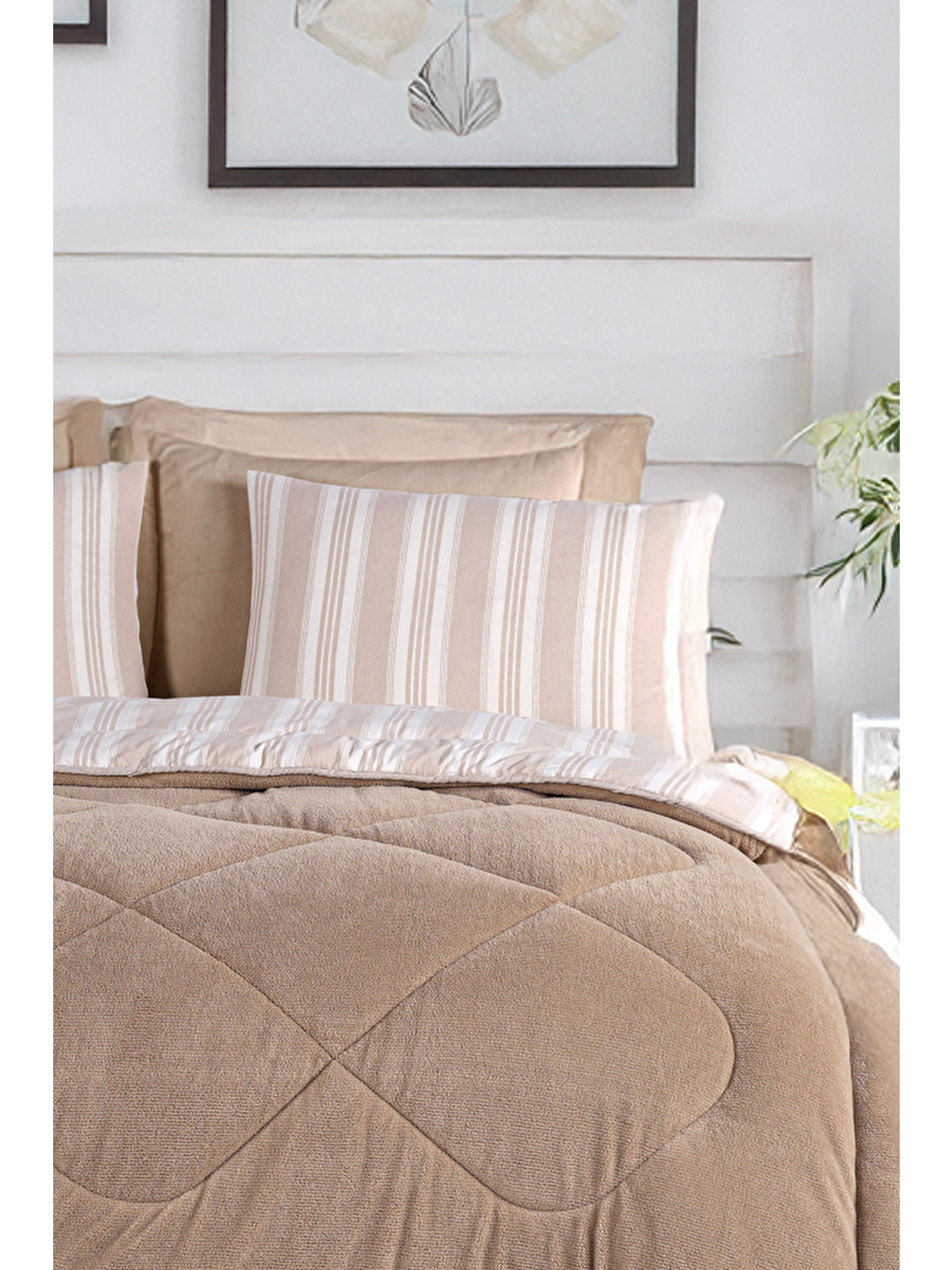 Comfort Set Yeni Nesil Wellsoft Yorganlı 3 Parça Çift Kişilik Soft Line Bej-2