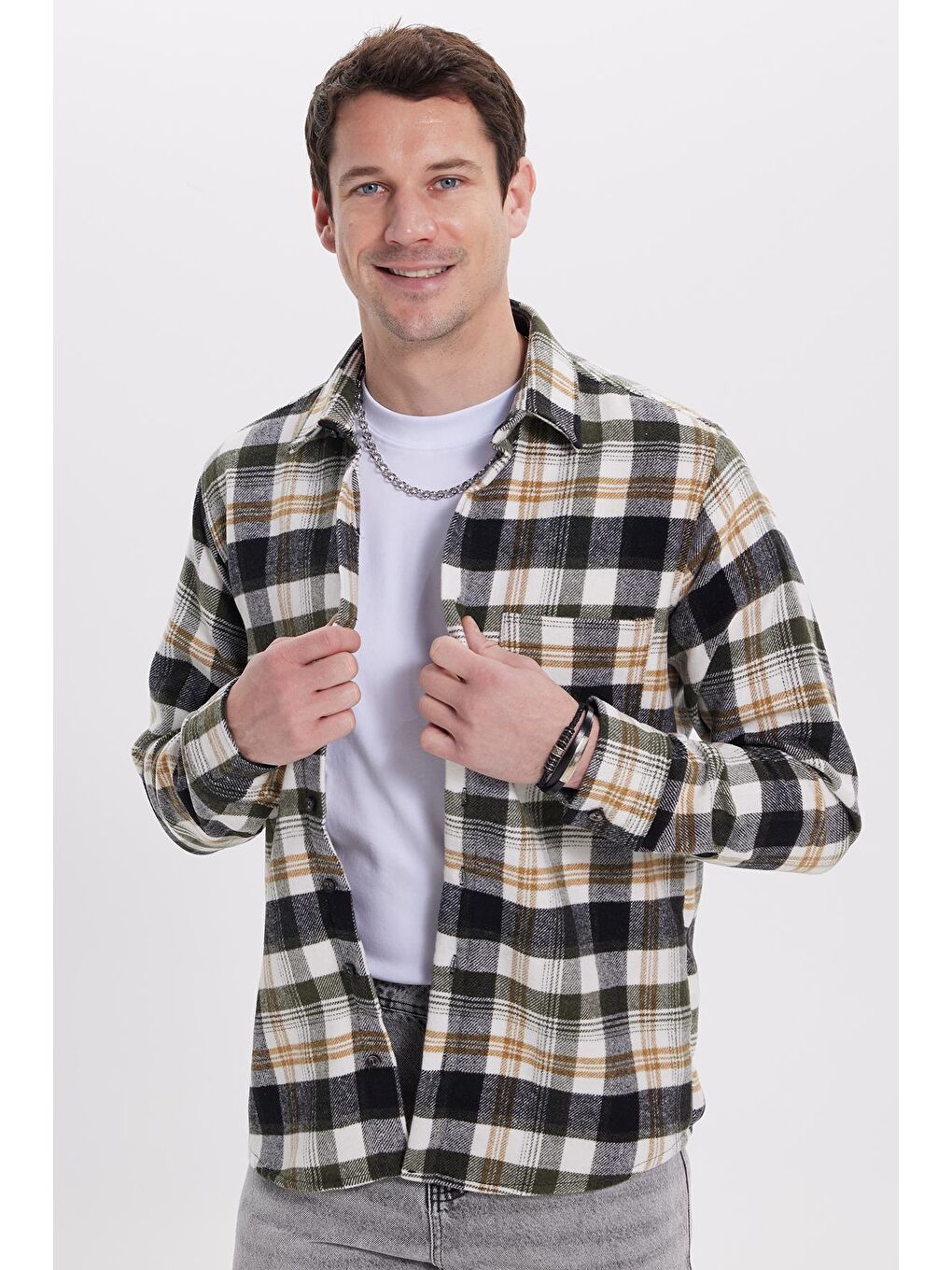 Haki Erkek Regular Fit Rahat Kesim Kışlık Kareli Oduncu Gömlek