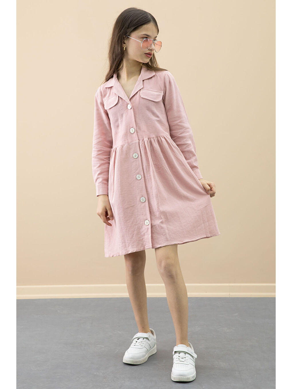 Pembe Düğme Kapamalı Kız Çocuk Kapak Detaylı Uzun Kol Elbise 20698-2