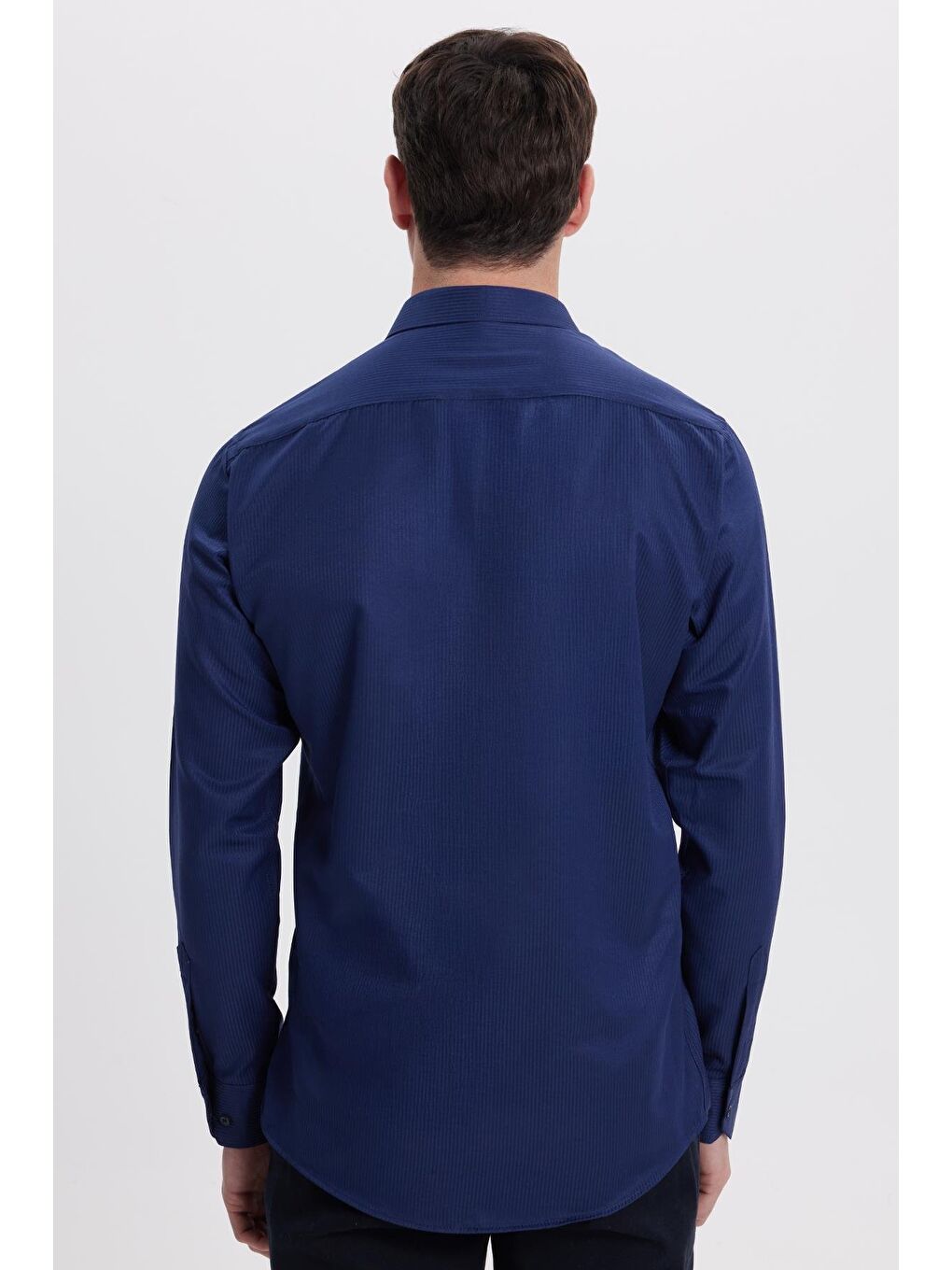 Modern Slim Fit Uzun Kollu Pamuklu Kolay Ütü Armürlü Lacivert Erkek Gömlek-6