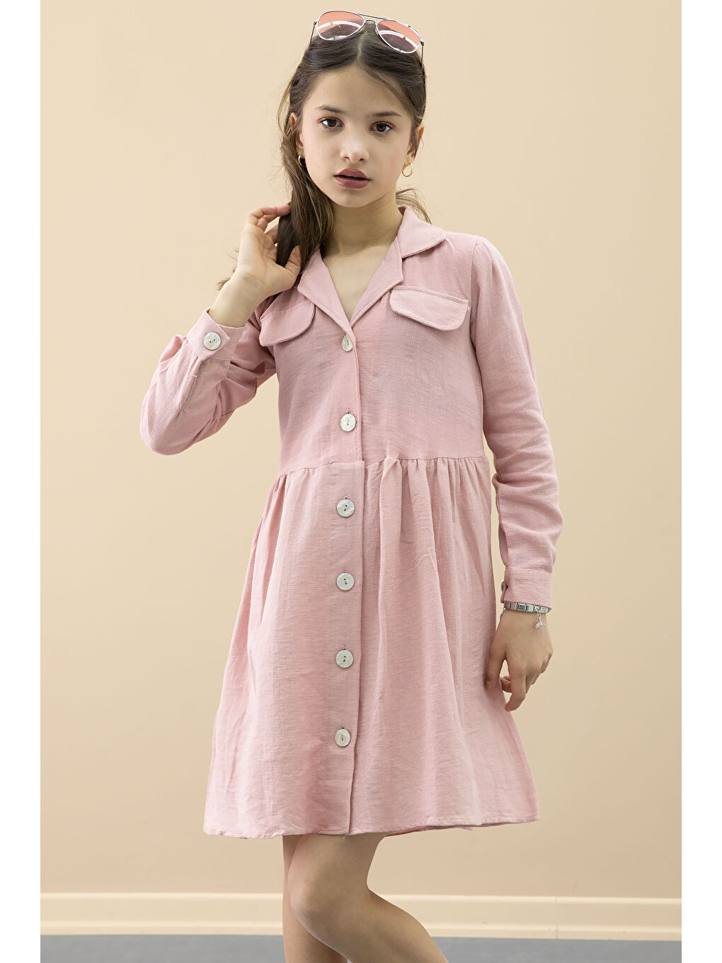 Pembe Düğme Kapamalı Kız Çocuk Kapak Detaylı Uzun Kol Elbise 20698-3