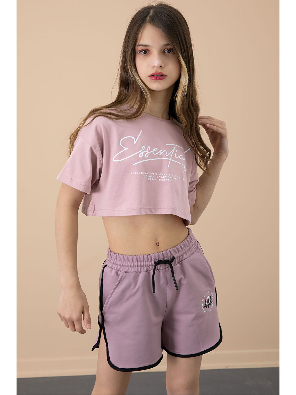 Pembe Gül Kurusu Yanları Yırtmaçlı Çiçek Baskılı Beli Lastikli Kız Çocuk Şort 20743