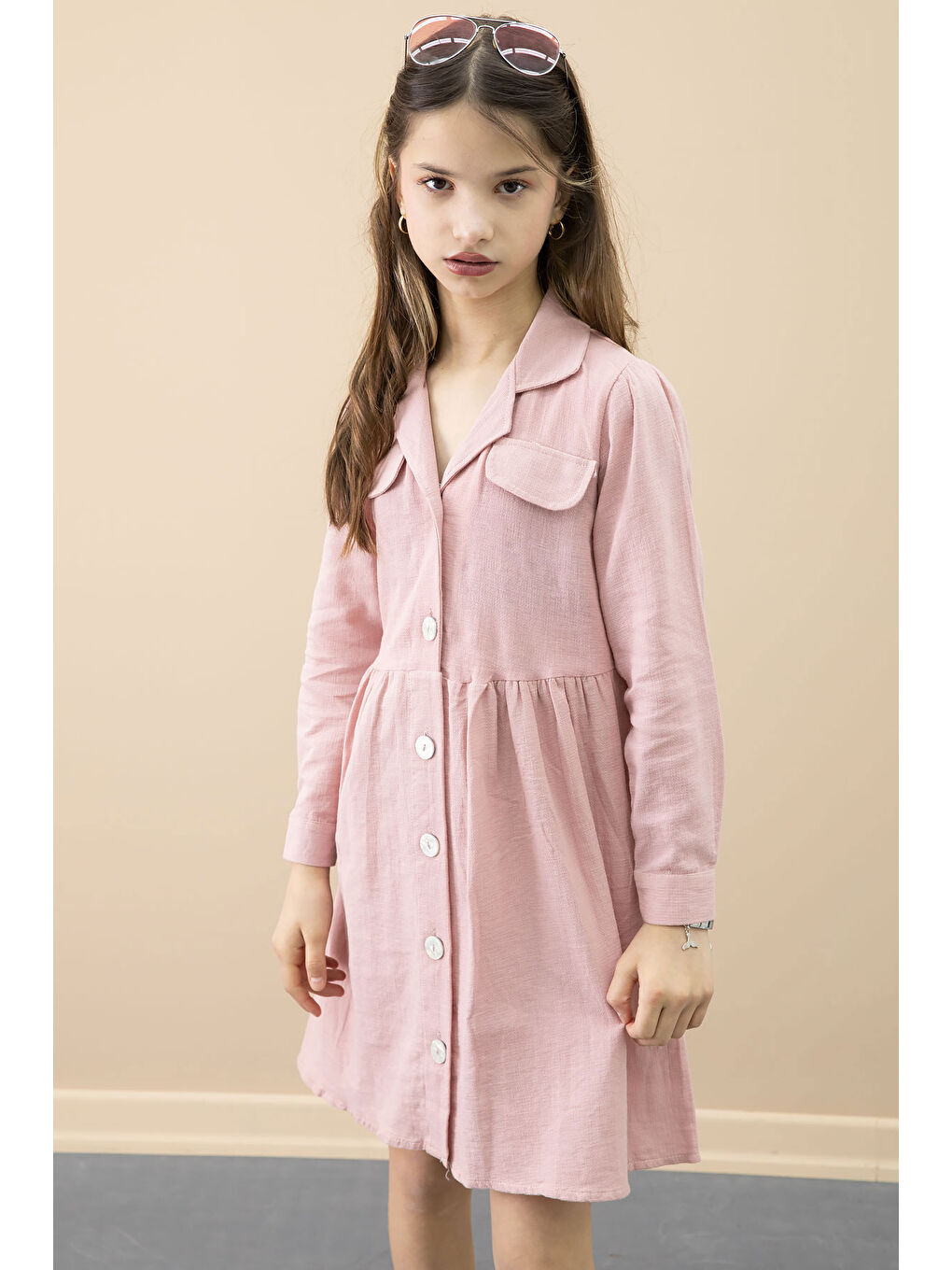 Pembe Düğme Kapamalı Kız Çocuk Kapak Detaylı Uzun Kol Elbise 20698-4