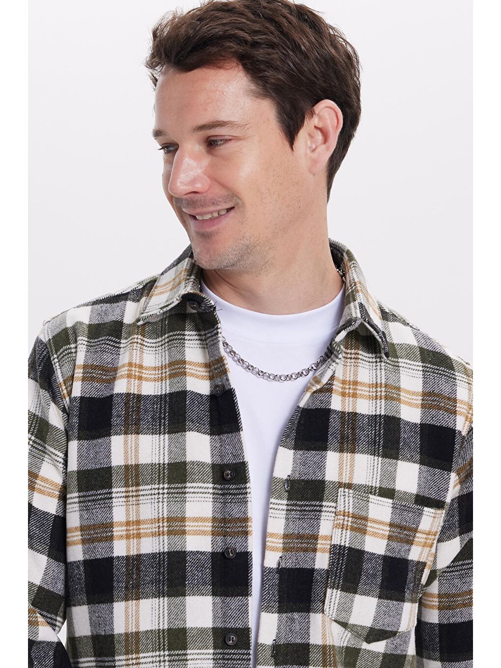 Haki Erkek Regular Fit Rahat Kesim Kışlık Kareli Oduncu Gömlek-1