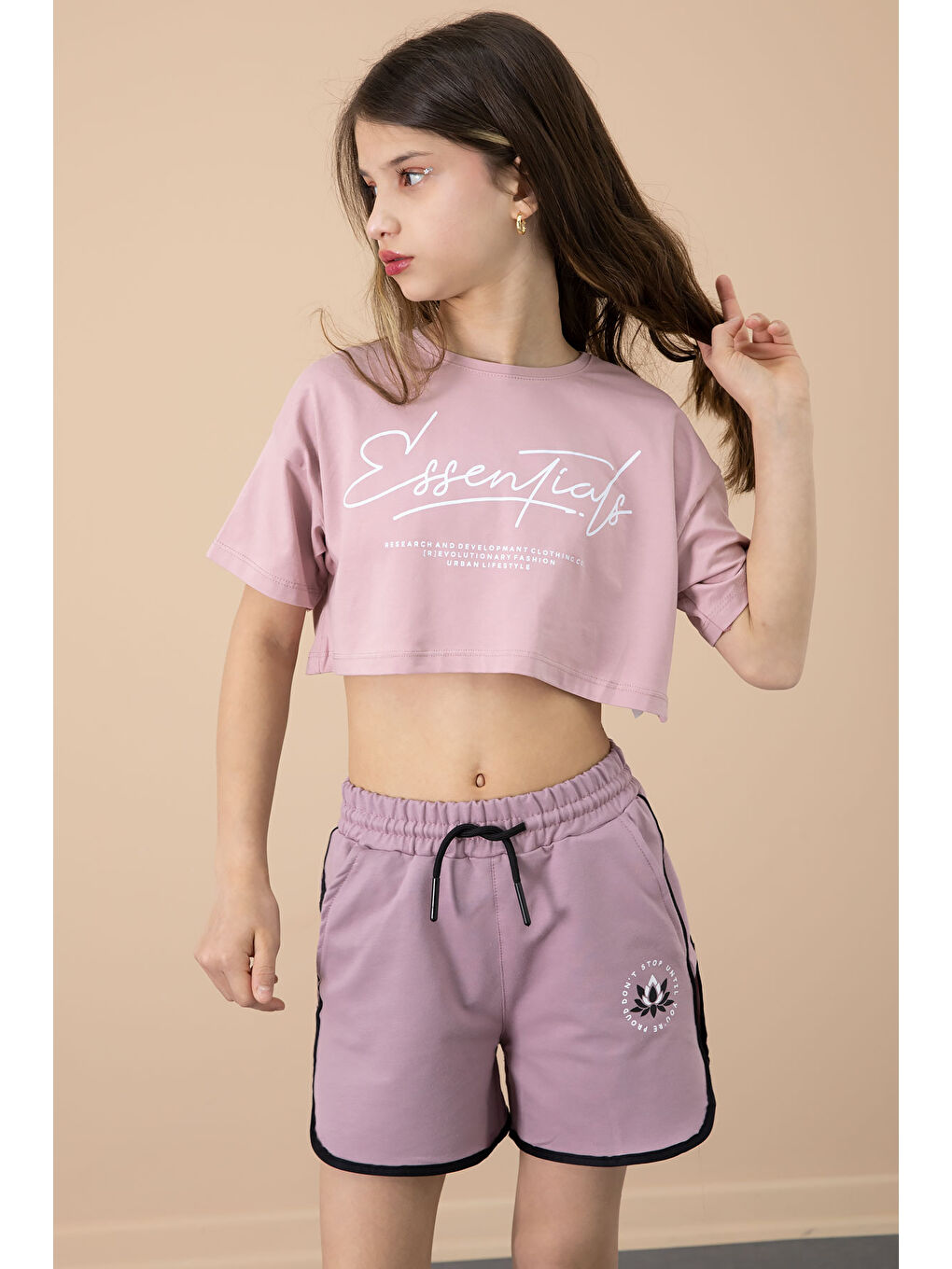 Pembe Gül Kurusu Yanları Yırtmaçlı Çiçek Baskılı Beli Lastikli Kız Çocuk Şort 20743-2