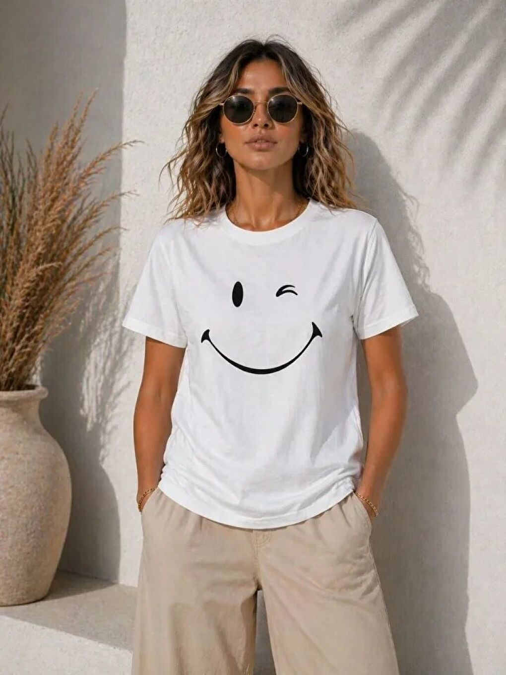 Minimal Gülümseyen Yüz Baskılı Tişört Kısa Kol Yazlık T-Shirt - Beyaz-1