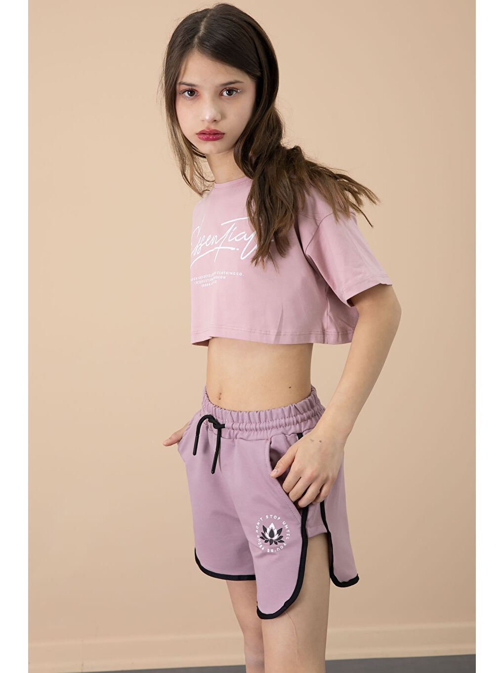 Pembe Gül Kurusu Yanları Yırtmaçlı Çiçek Baskılı Beli Lastikli Kız Çocuk Şort 20743-3