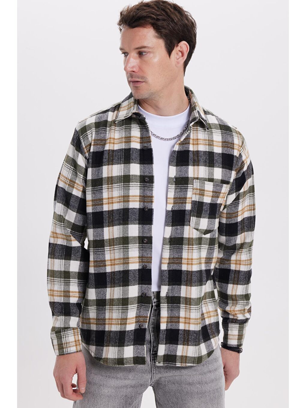 Haki Erkek Regular Fit Rahat Kesim Kışlık Kareli Oduncu Gömlek-4