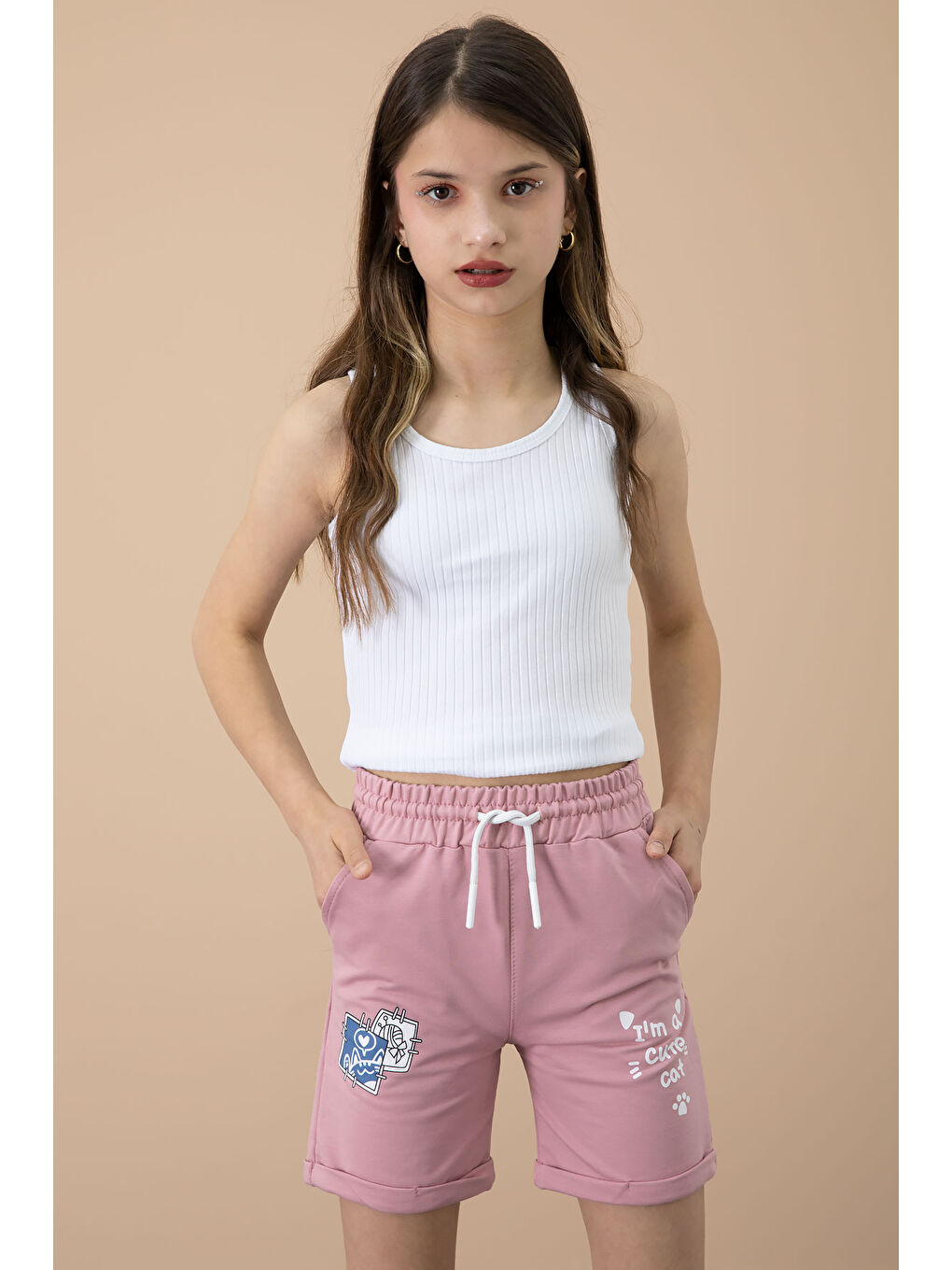 Pembe Gül Kurusu Patili Cute Baskılı Kız Çocuk Beli Lastikli Şort 20728