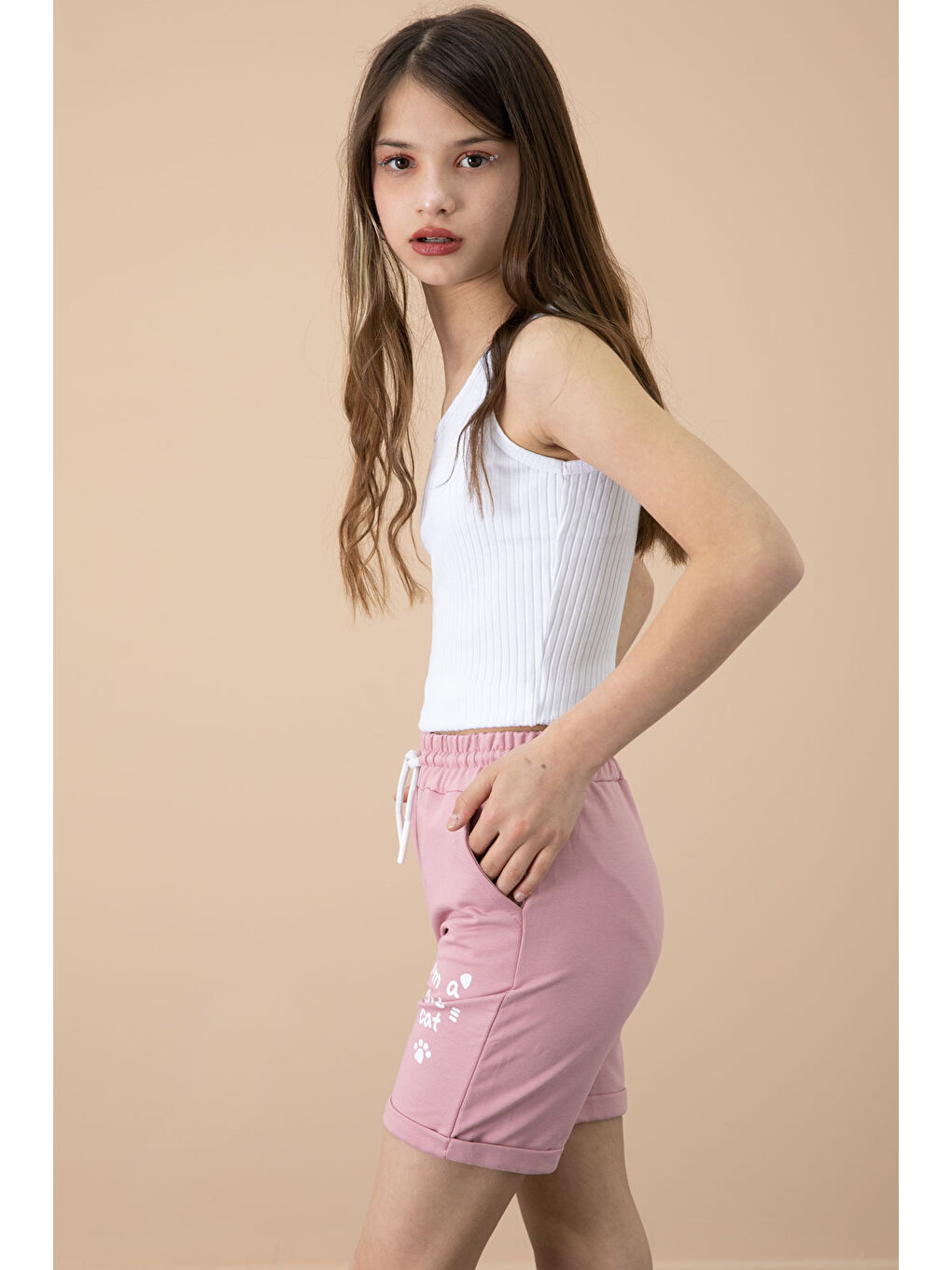 Pembe Gül Kurusu Patili Cute Baskılı Kız Çocuk Beli Lastikli Şort 20728-1