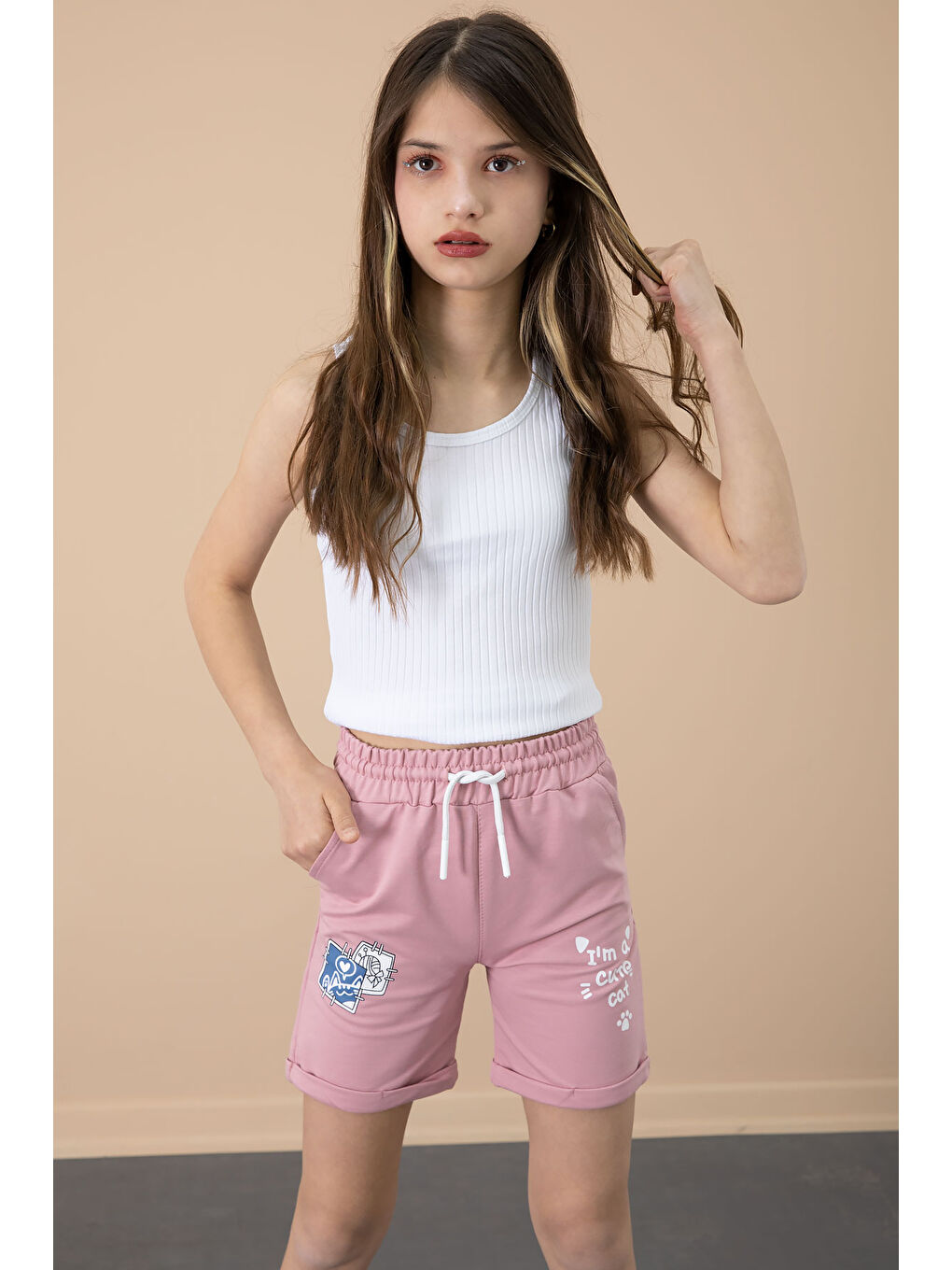 Pembe Gül Kurusu Patili Cute Baskılı Kız Çocuk Beli Lastikli Şort 20728-2