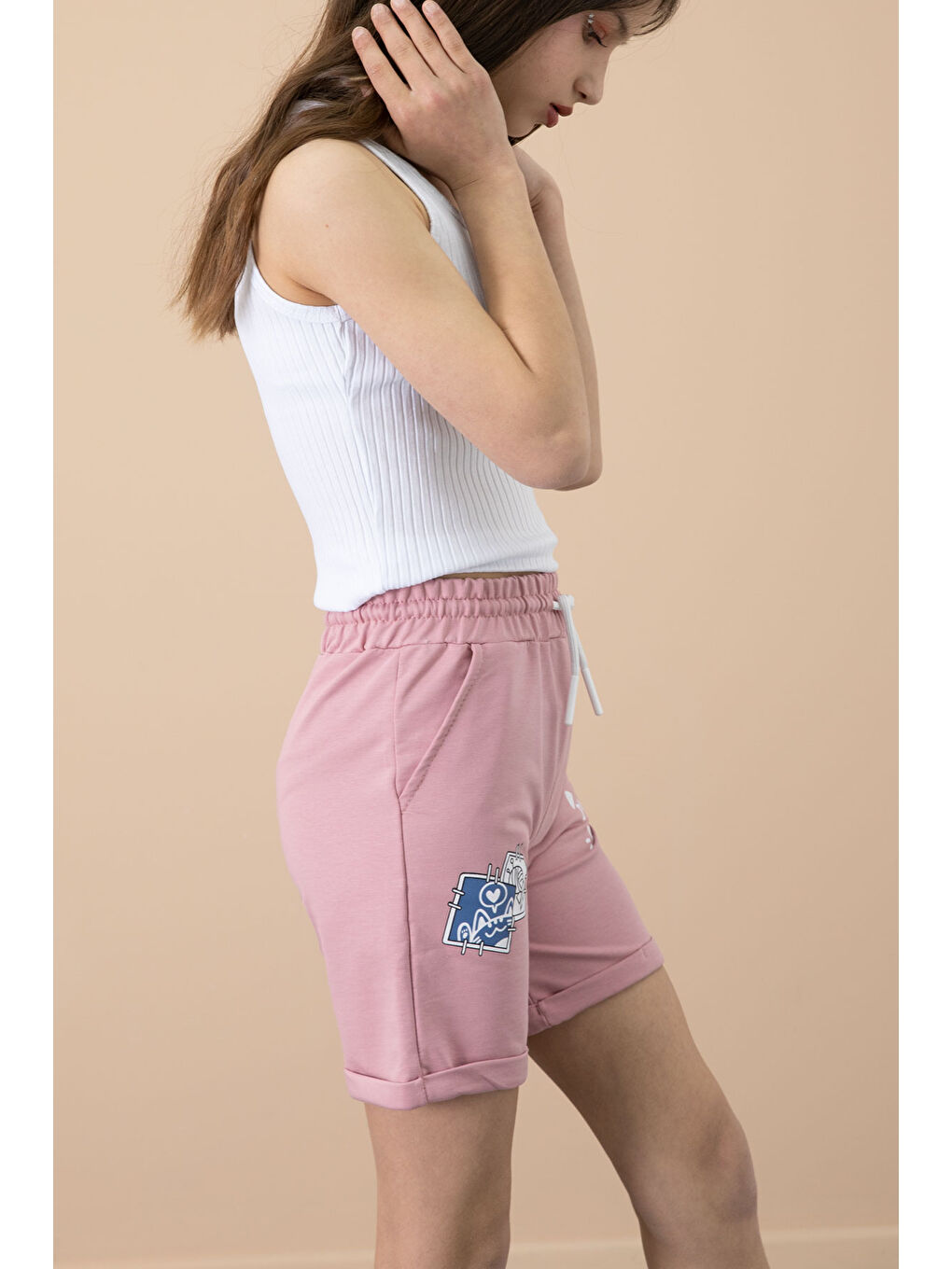 Pembe Gül Kurusu Patili Cute Baskılı Kız Çocuk Beli Lastikli Şort 20728-3