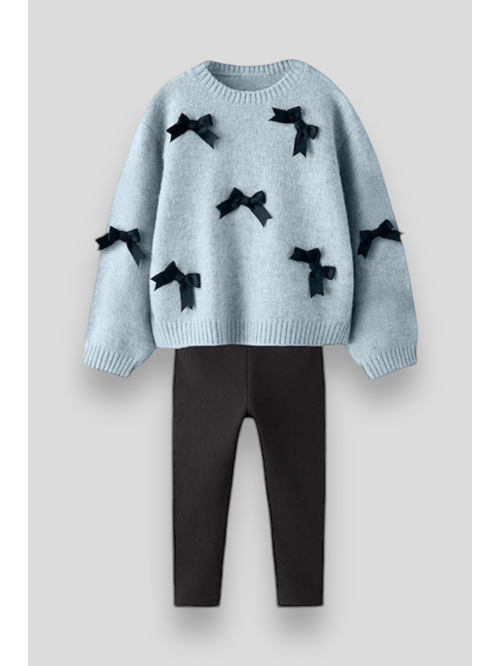 Gri Triko Fiyonk Detaylı Kazak Tayt Alt-Üst Takım Kız Çocuk