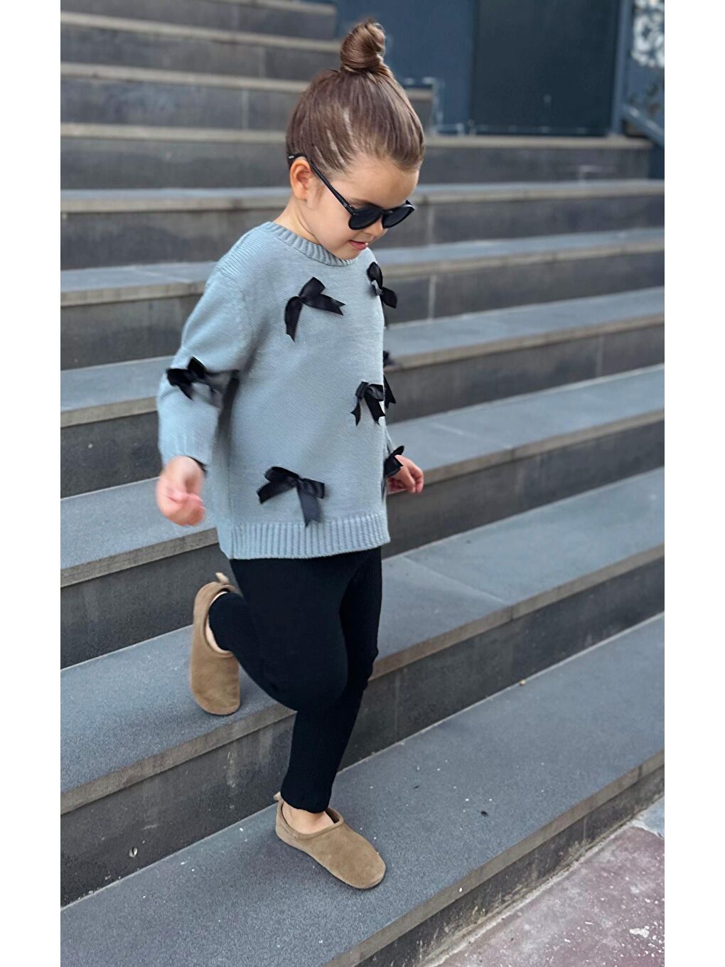 Gri Triko Fiyonk Detaylı Kazak Tayt Alt-Üst Takım Kız Çocuk-1