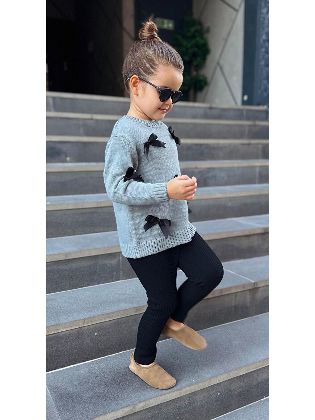 Gri Triko Fiyonk Detaylı Kazak Tayt Alt-Üst Takım Kız Çocuk-2