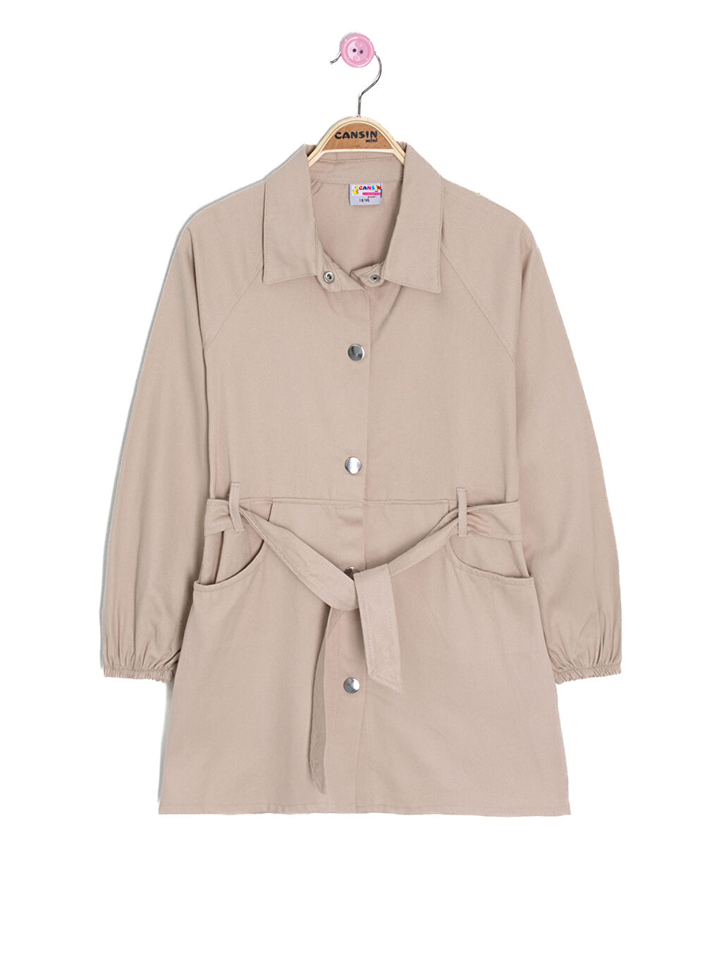 Bej Çıtçıt Kapamalı Kuşaklı Kız Çocuk Keten Elbise 20693