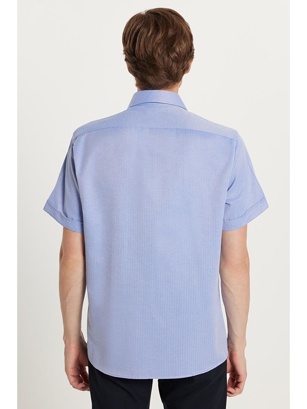 Erkek Regular Fit Klasik Kesim Kısa Kollu Pamuklu Tek Cepli Armürlü Saks Mavi Gömlek-4