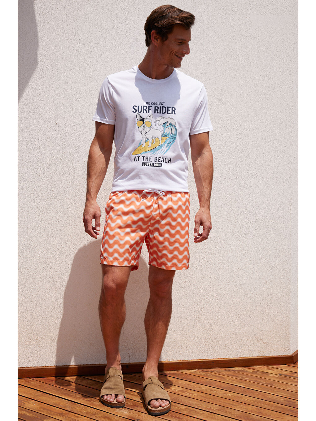 Erkek Beyaz-Turuncu Standart Fit Normal Kesim Desenli Şort Mayo-4